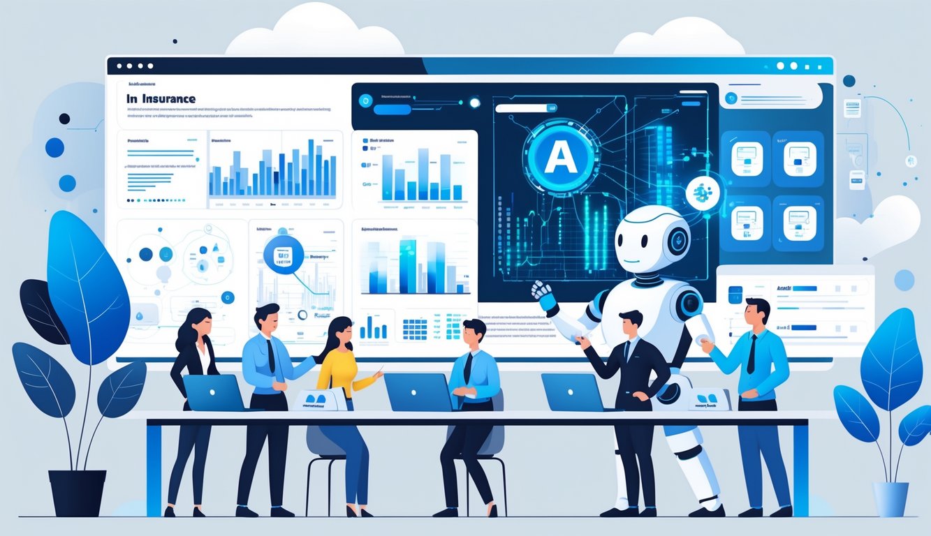 A team of professionals analyzing data and AI patterns on a large digital screen to detect insurance fraud in a modern office.