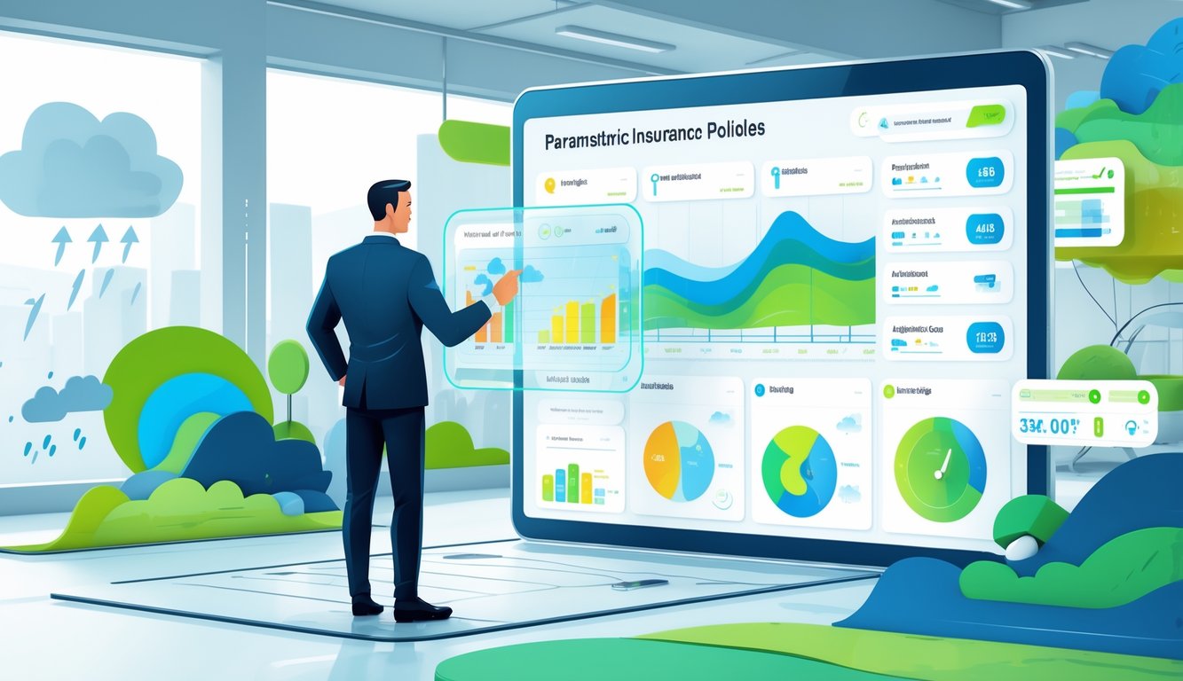 A business professional interacts with a digital dashboard displaying weather data and automated insurance triggers linked to natural events like storms and floods.