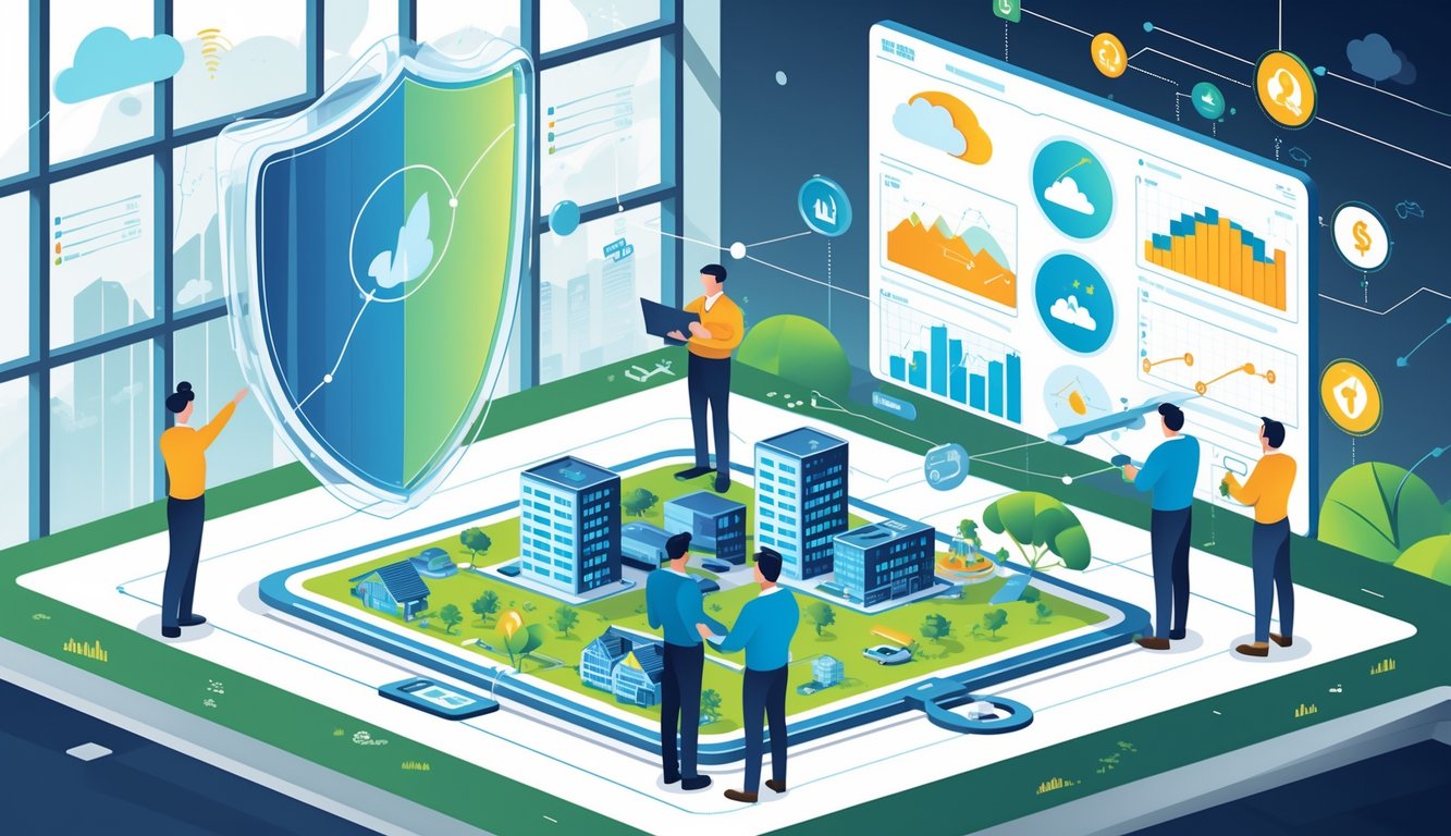 A group of professionals analyzing data on digital screens showing weather events and financial graphs with a protective shield hovering over a cityscape connected to icons representing insurance benefits.