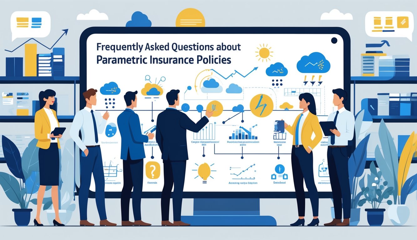 A group of professionals discussing parametric insurance concepts around a large touchscreen displaying abstract insurance icons and flowcharts in a modern office.