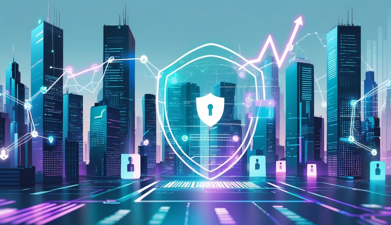 A digital cityscape with glowing data streams, a transparent shield symbol, and abstract cybersecurity elements representing cyber insurance coverage trends.