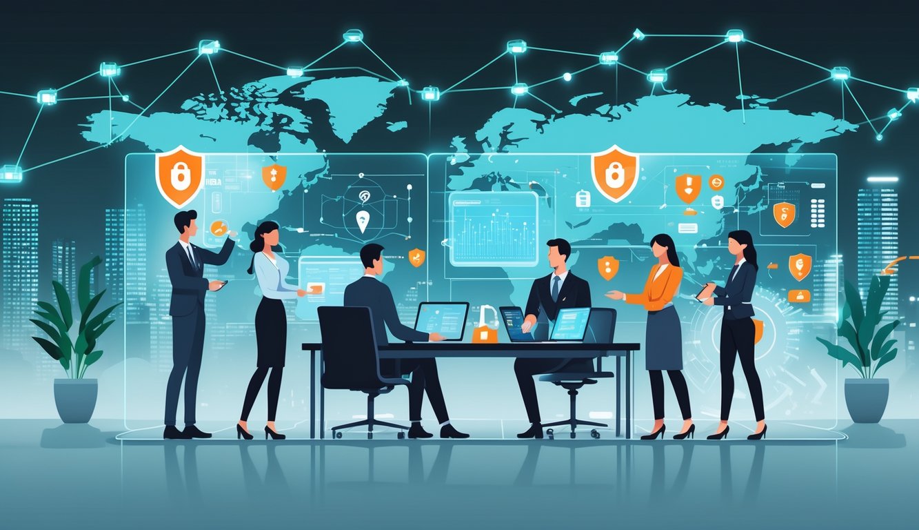 A group of professionals analyzing digital data and cybersecurity icons on holographic screens in an office with a futuristic city skyline in the background.