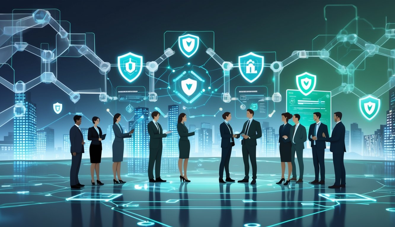 A group of professionals interacting with holographic interfaces above a glowing chain of connected blocks, with a cityscape in the background representing secure digital insurance solutions.