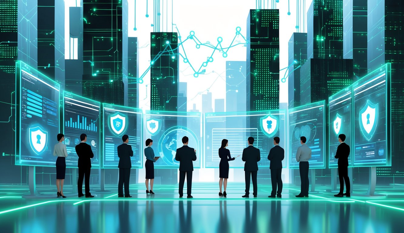 A group of professionals analyzing digital screens with graphs and network diagrams in a futuristic cityscape with holographic icons representing cyber insurance and security.