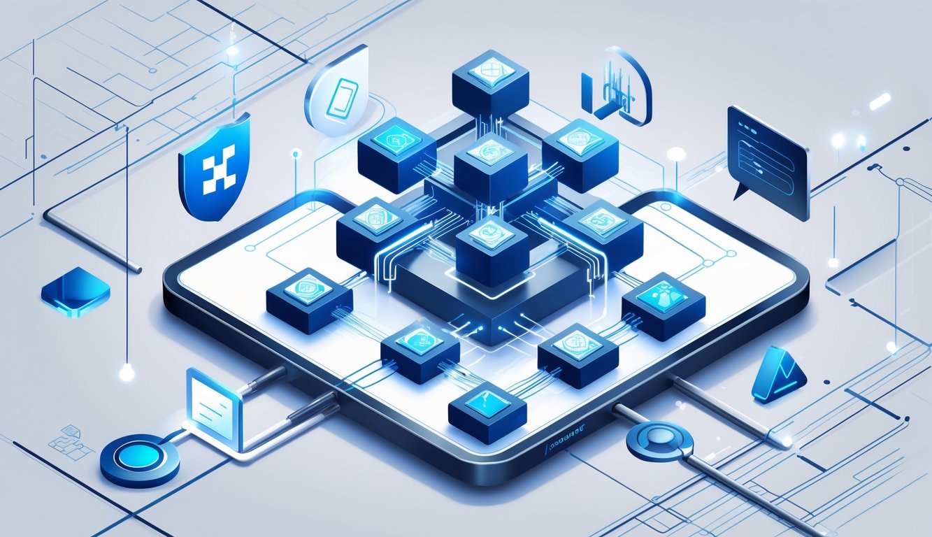An illustration showing interconnected digital blocks representing blockchain with icons of a shield, document, magnifying glass, and checkmark around it, symbolizing insurance components.