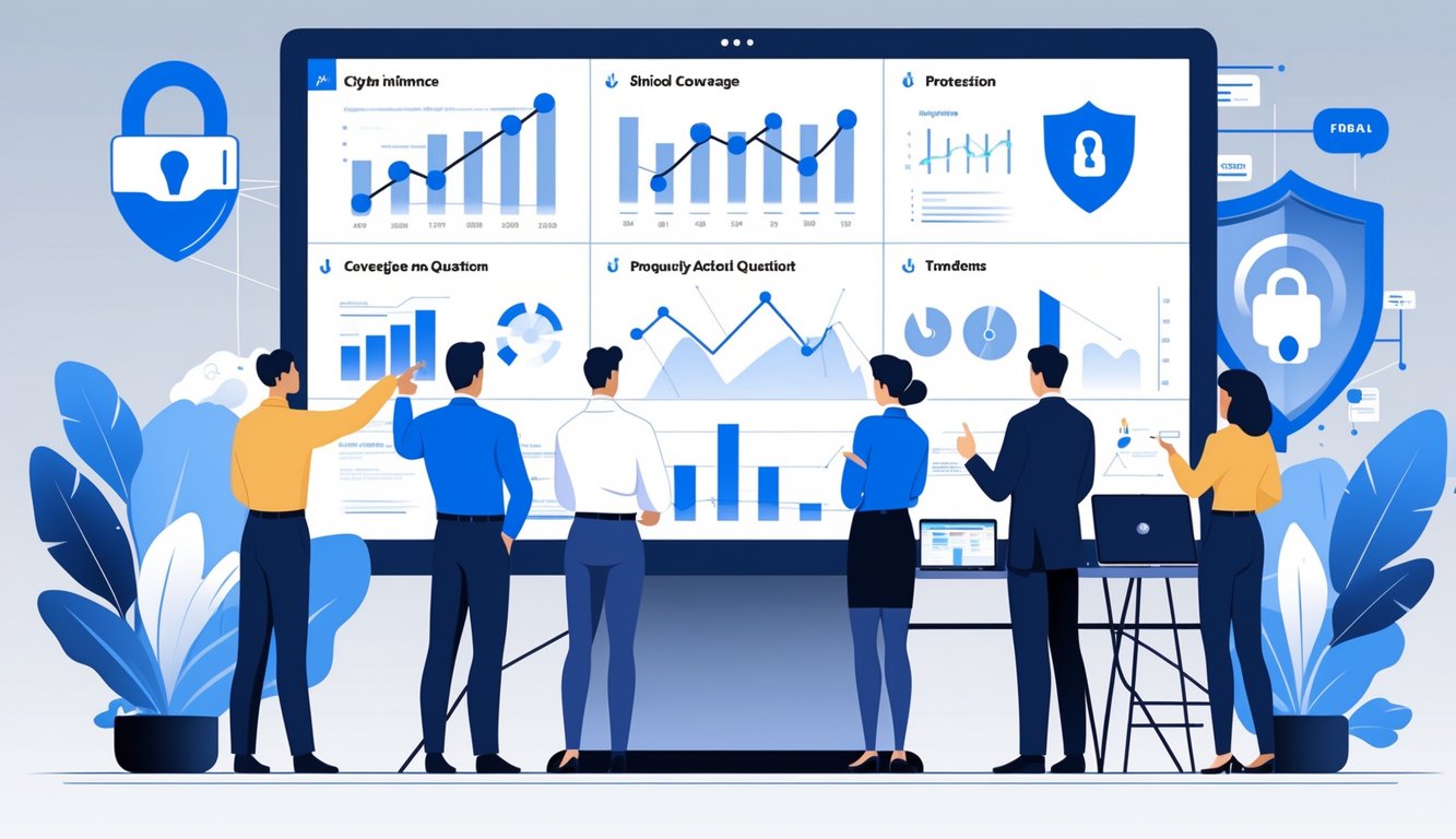 A group of professionals in an office discussing cyber insurance trends around a large digital screen showing graphs and security icons.