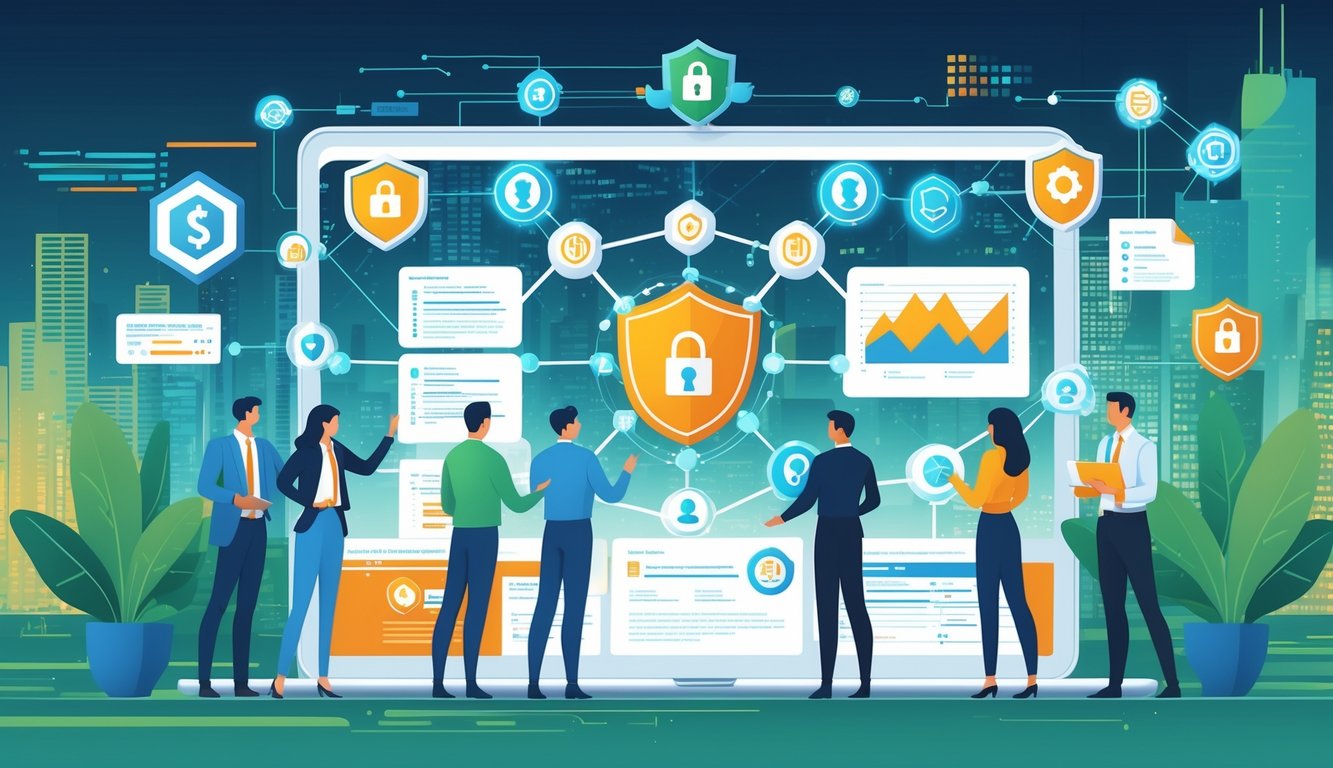 Professionals collaborating around a digital screen showing blockchain nodes and insurance icons in a modern office with a city skyline in the background.