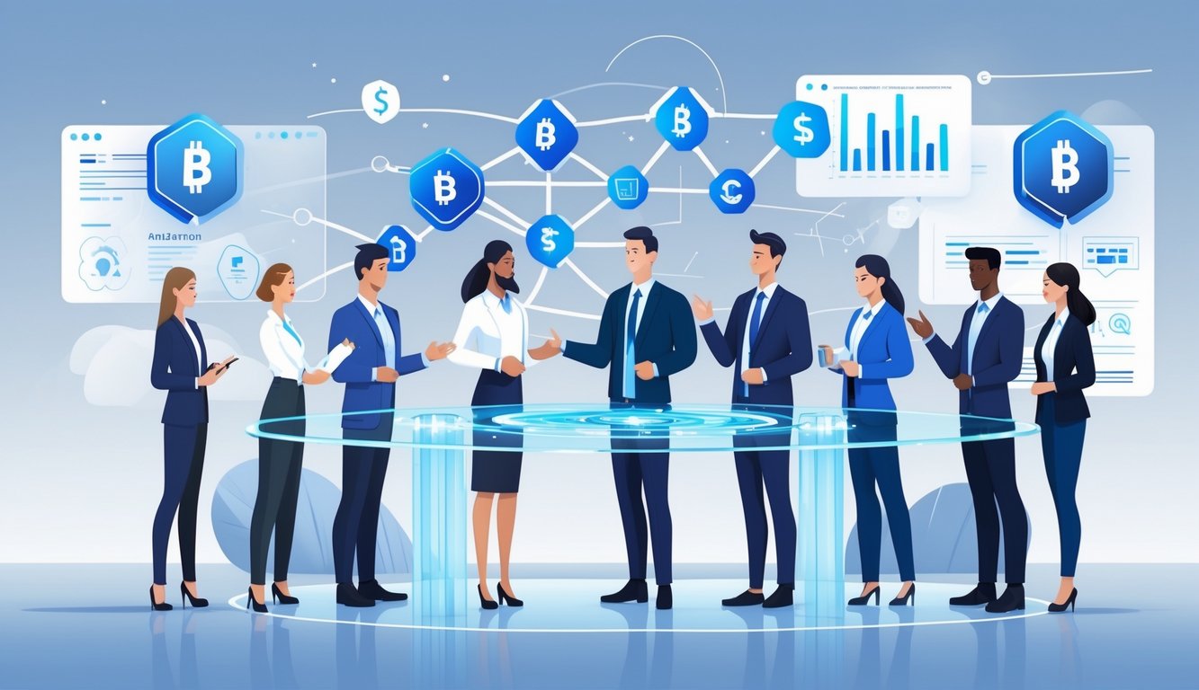 A group of professionals collaborating around a digital table showing interconnected blockchain nodes and insurance icons in a modern office setting.